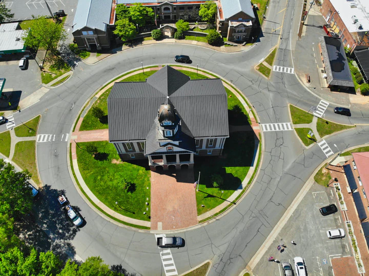 Bird's eye view of the historic Chatham County courthouse located in downtown Pittsboro, North Carolina.